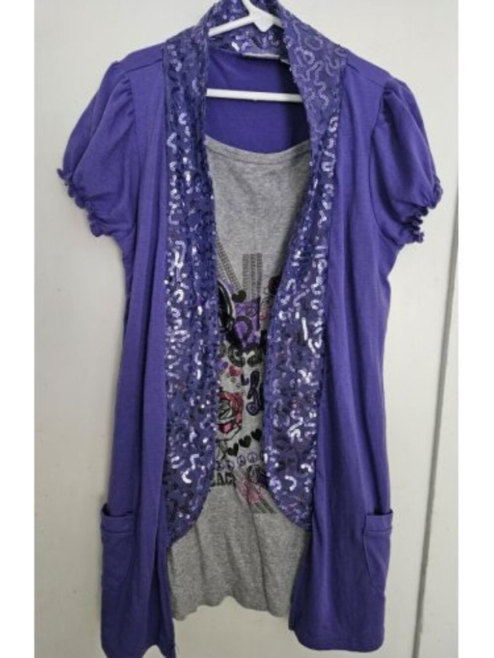 PIPER Purple Layered Look Sequined Short Sleeved Tunic Top Girls Size 10-12